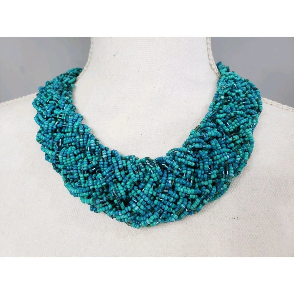 Blue Glass Seed Bead Necklace Braided Turquoise Colors‎ Boho Bohemian Chunky